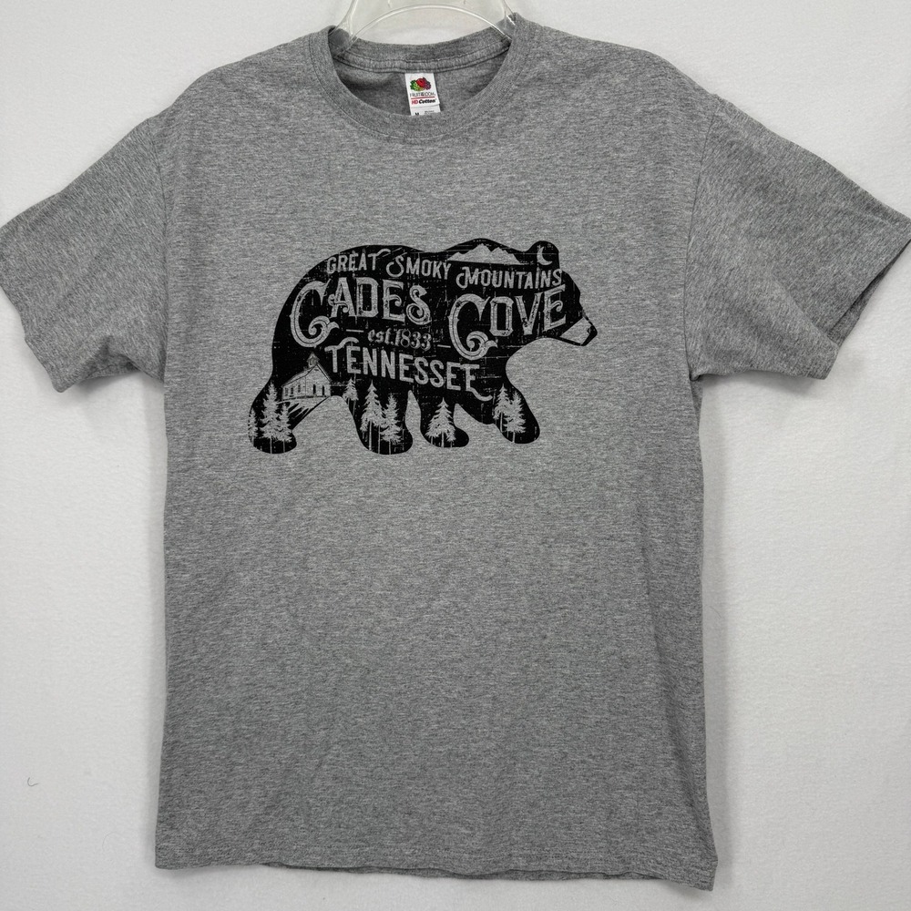 Fruit of the Loom T-Shirt Mens Medium Gray Cades Cove Smoky Mountains Tennessee